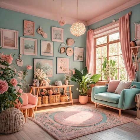 Pastel Cottagecore Living Room, Pastel Boho Living Room, Pastel Fireplace, Colorful Home Ideas, Pastel Home Aesthetic, Pastel Apartment Aesthetic, Diy Decor Boho, Neutral Green Paint Colors, Pastel Living Room Ideas