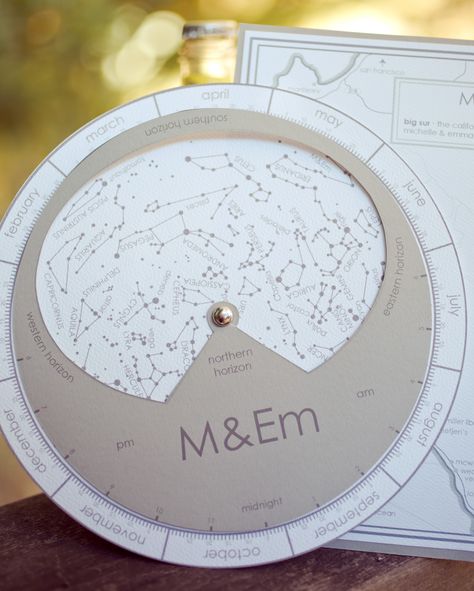 This couple gifted guests with a tool to take advantage of their venue's scenery. A star finder—found online and customized by Yonder Events—helped attendees stargaze at the prime location. Space Themed Desserts, Astronomy Wedding, Starry Wedding, Camping Wedding, Starry Night Wedding, Wedding Theme Inspiration, Moon Wedding, Celestial Wedding, Camp Wedding