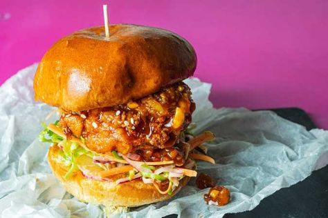 Fried Chicken Burger Recipe, Asian Fried Chicken, Kimchi Slaw, Tangy Slaw, Chicken Burger Recipe, Japanese S, Crispy Chicken Burgers, Braised Chicken Breast, Fried Chicken Burger