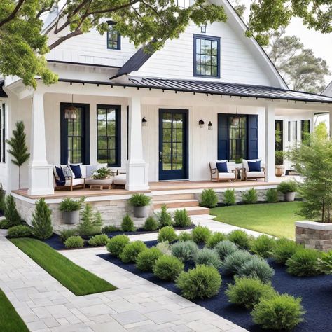 Modern Farmhouse Exterior Colors White And Navy Exterior House, Coastal Modern House Exterior, Board And Batten Garage Exterior, Shiplap House Exterior, White Farmhouse Black Windows, White Vertical Siding Exterior, 2025 Exterior House Colors, Farmhouse Black Windows, American Houses Exterior