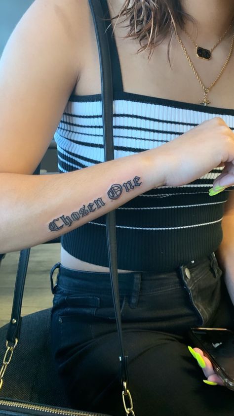 Tattoo Sleeves With Words, Chosen 1 Tattoo Men Forearm, Chosen One Tattoo Design, Cristian Tattoo For Men, Chosen Tattoo Words, Chosen 1 Tattoo Design, Chosen Tattoos For Women, Chosen One Tattoo Men, The Chosen One Tattoo