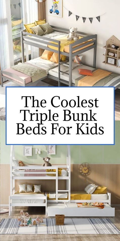 I’m happy to report that YES, triple bunks do exist, and they also come in some incredibly cool varieties. Triple bunks can help maximize floor space and provide families with flexible sleeping options. And as I found, they can also add in some play-based elements to a bedroom! #bunkbeds #triplebunkbeds #kidsroom #kidsroomdesign #sharedkidsroom #sharedroom #siblings 3 Twin Beds In Small Room, Small Bedroom Three Bed, 3 Sibling Room Sharing, Bunk Bed And Twin Bed In One Room, Kids Triple Bed, Bunk Bed For 3 Kids, Small Room For 3 Sisters, Bunk Beds For 3 Kids, Triple Beds For Small Room