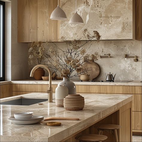 Japandi kitchens often feature a neutral color palette, blending muted tones like whites, creams, grays, and light wood tones. These colors… | Instagram Neutral Earthy Kitchen, Japandi Stone Wall, Japandi Kitchen Design White, Kitchen Neutral Colors, Walnut Japandi Kitchen, Kitchen White And Wood, Japandi Kitchen Design Green, Japandi Tiles Kitchen, Stone Kitchen Countertops