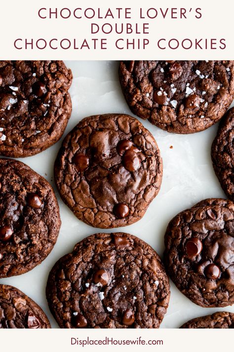 This Chocolate Lover's Double Chocolate Chip Cookie actually uses three types of chocolate: melted chocolate and cocoa powder for a rich, chocolate dough plus chocolate chips because more chocolate is more better! These cookies are soft, with slightly chewy edges, and not only taste like chocolate heaven, but are such a pretty cookie! Fudgy Double Chocolate Chip Cookies, Double Chocolate Chip Cookie Recipe, Double Chocolate Chip Cookie, Chocolate Dough, Double Chocolate Chip Cookies, Double Chocolate Cookies, Favorite Cookie Recipe, Chocolate Chip Cookie Recipe, Chocolate Heaven