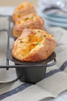 This sharp cheddar cheese and chive popover recipe is absolutely a-ma-zing . . . This is as close to FOOL-PROOF as popovers can be! YUM! #popovers Popovers Recipe, Pop Overs, Popover Recipe, Fun Breakfast, Yorkshire Pudding, Fool Proof, Breads And Rolls, Sharp Cheddar, Sharp Cheddar Cheese