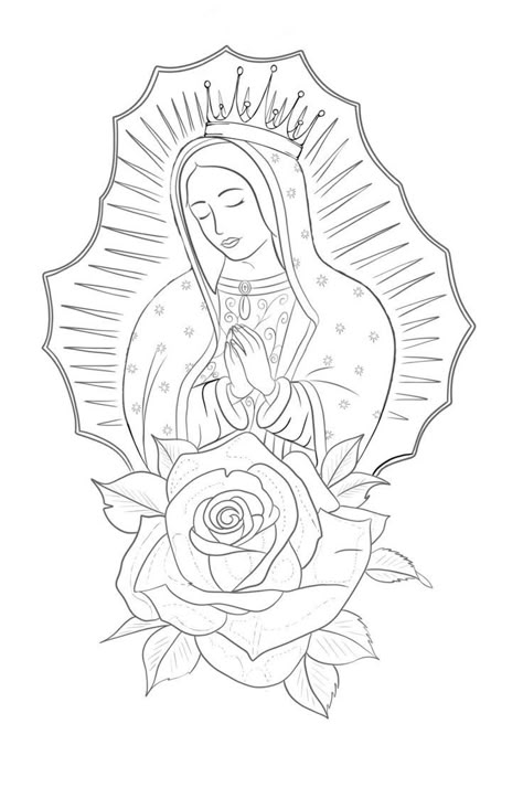 How To Draw The Virgin Mary, Virgin Mary Easy Drawing, Our Lady Of Guadalupe Drawing, Virgin Mary Coloring Page, Virgen Mary Drawings, The Virgin Mary Drawing, Durango Mexico Tattoos, Virgin Mary Stencil, Mary Tattoo Stencil