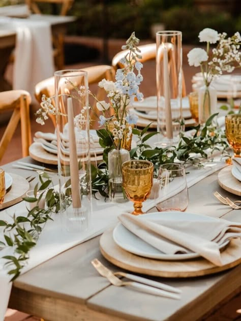 Neutral Boho Centerpiece, Simple Elegant Wedding Centerpieces Long Table, Candle Centerpieces Wedding Long Table, Taper Candle Centerpiece, Long Table Centerpieces, Taper Candles Wedding, Spring Wedding Centerpieces, Colored Taper Candles, Wedding Candles Table