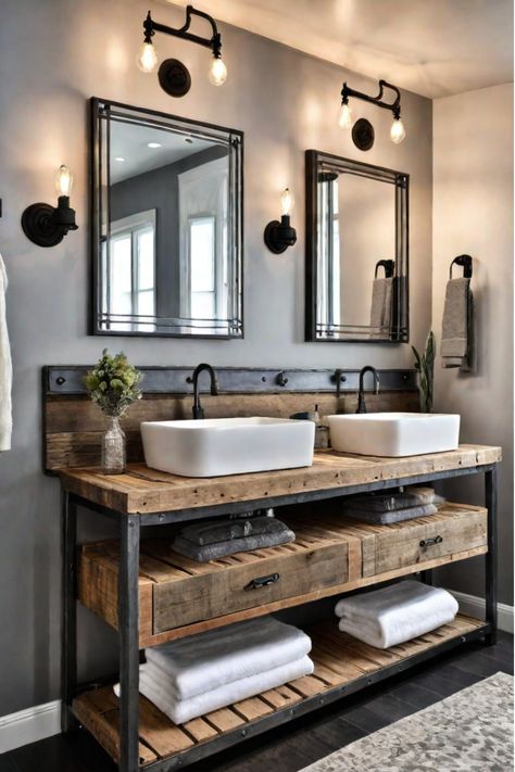 Farmhouse bathroom vanity with a concrete countertop Farmhouse Vanity, Serene Bathroom, Farmhouse Bathroom Vanity, Bathroom Retreat, Rustic Bathroom Decor, Stunning Bathrooms, Modern Farmhouse Bathroom, Chic Bathrooms, Budget Bathroom