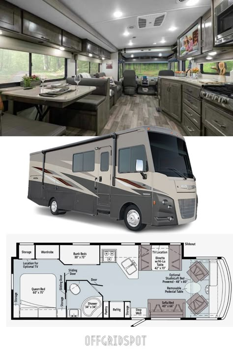 For many people, this is the class A RV that they have been waiting for. There’s a studio loft bed above the captain chairs, for when you have extra guests. The space and comfort is one of the top features of this motorhome. Motorhome Layout, Rv Layout, Camper Layout, Rv House, Camper Flooring, Captain Chairs, Bus Motorhome, Motorhome Remodel, Motorhome Interior