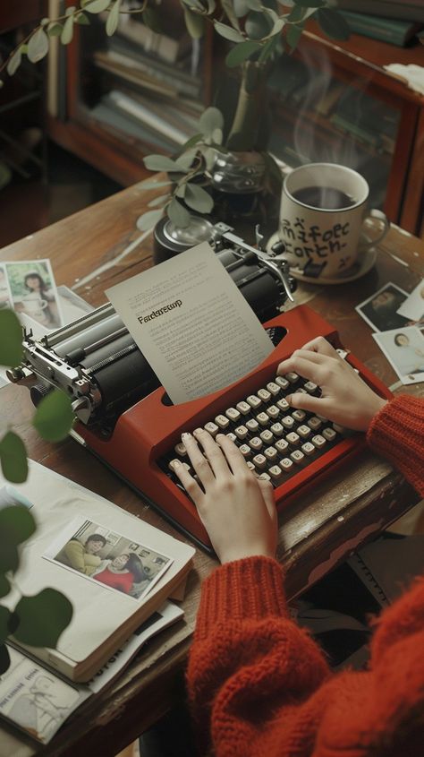 "Vintage #WritingProcess: An individual in a warm sweater is typing on an #AntiqueTypewriter among various personal items. #Typewriter #Vintage #Writing #Creativity #Nostalgia #AIArt #AIPhoto #StockCake ⬇️ #Download and 📝 #Prompt 👉 https://stockcake.com/i/vintage-writing-process_709075_607072". Writer Aesthetic Typewriter, Writing Your Own Book Aesthetic, Mystery Writer Aesthetic, Newspaper Writer Aesthetic, Writing A Story Aesthetic, Write Book Aesthetic, Vintage Writer Aesthetic, Books Writing Aesthetic, Writing Life Aesthetic