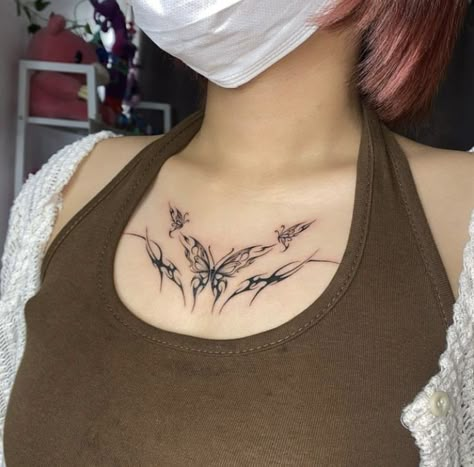 67 Tattoo, Cyberciligism Tattoo, Collar Tattoo, Small Chest Tattoos, Grunge Tattoo, Minimal Tattoo Design, Idea Aesthetic, Bone Tattoos, Sharpie Tattoos