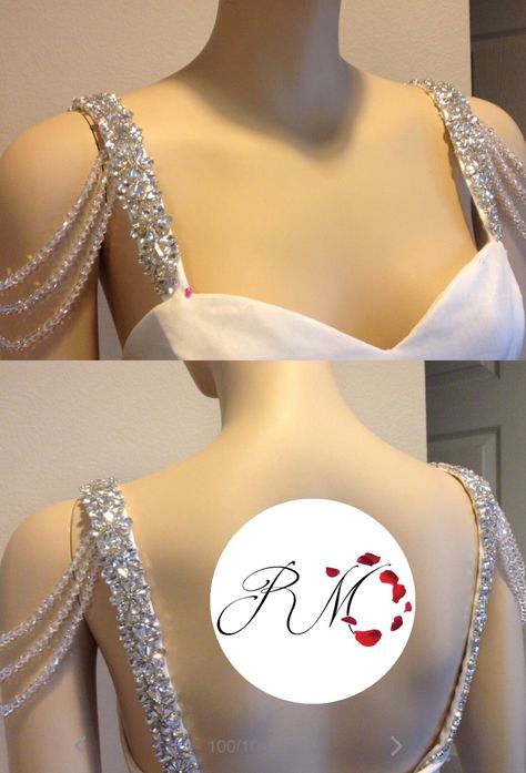 Detachable rhinestone straps.  Rhinestone trim sewn onto satin straps, with 3 rows of crystals dangling off the shoulders. These beautiful straps will be a lovely addition to your strapless gown for some extra support or a 2nd look. Have these straps custom made for yourself on my online store- www.rosemarydesigns.org, or email me direct at RoseMary designsbride@gmail.com Rhinestone Blouse, Casual Bridal Dress, Rhinestone Wedding Dress, Cotton Short Dresses, Shoulder Jewelry, Desi Wedding Dresses, Wedding Dress Alterations, Fashionable Saree Blouse Designs, New Blouse Designs