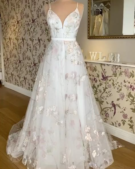 Wedding Dress Coloured Flowers, Wedding Dress With Coloured Flowers, White Lace And Butterflies, White Floral Prom Dress, Pop Of Color Wedding Dress, Simple Floral Wedding Dress, White Floral Wedding Dress, Wedding Dress With Color, Flowery Wedding Dress