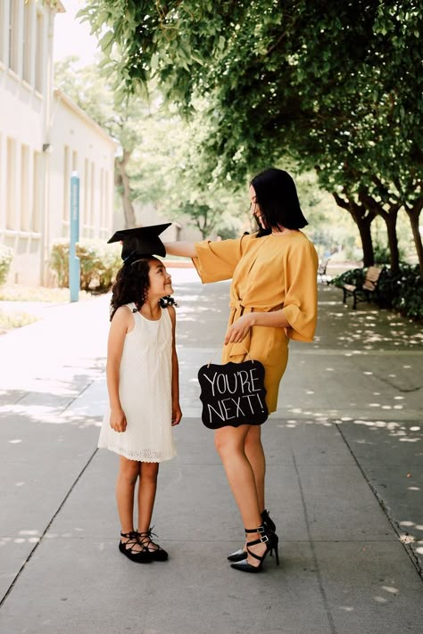 Graduation Pictures Mom And Daughter, Graduation Mom And Daughter, Graduation Pictures With Younger Sibling, Wgu Graduation Pictures, Siblings Graduation Photo Ideas, Grad Photoshoot With Family, Grad Pics With Kids, Mommy Graduation Pictures, Graduation Photos Unique