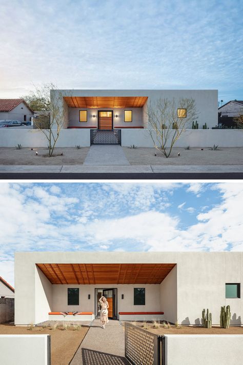 A Georgia O’Keeffe Inspired Courtyard House in Phoenix Adobe Modern House, Adobe House Decor, Arizona Homes Exterior, Modern Adobe House Exterior, Modern Adobe House, Modern Courtyard House, Modern Adobe, Adobe Houses, Georgia House