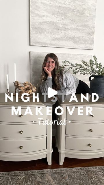 Jenna Townsend | Furniture Flips + DIY on Instagram: "These nightstands are so dreamy!😍 What do you think of this furniture makeover?  ✨Exact products used on this makeover are linked in my Amazon store in my bio. Message me if you have any questions or can’t find an item.  (I created a custom paint color using WO Fauna + Kashmir + Gray Linen)  #paintedfurniture #furnitureflip #nightstands #diyproject #furnituremakeover" White Nightstand Makeover, Painting A Nightstand, Vintage Nightstand Makeover, Paint Bedroom Furniture Ideas, Painted Nightstand Ideas, Nightstand Flip, Nightstand Makeover Diy, Diy Nightstand Makeover, Nightstand Makeover