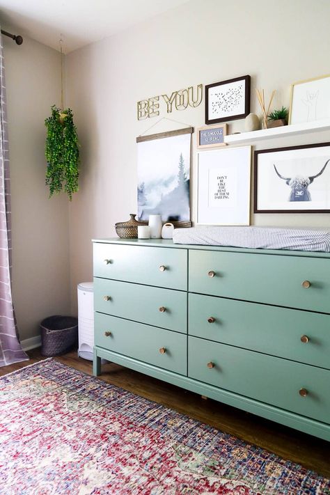 This gender neutral nursery is gorgeous. Tons of great nursery ideas and inspiration for a boy's nursery #nursery #nurserydesign #home #homedecor #diy #diyproject #design Ikea Nursery Dresser Hack, Ikea Nursery Dresser, Nursery Dresser Diy, Ikea Dresser Hacks, Diy Ikea Dresser, Long Drawer Pulls, Ikea Dresser Hack, Ikea Hemnes Dresser, Ikea Tarva Dresser