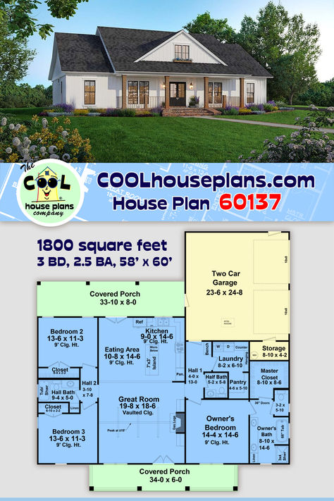 Ranch Style House Plan 60137 with 1800 Square Feet, 3 Bed, 3 Bath, 2 Car Garage Ranch Farmhouse Floor Plans, Kitchen In Front Of House Floor Plans, Ranch House With Porch, 1800 Sq Ft House Plans One Level, 3 Bedroom One Story House Plans, House Without Garage, Ranch Home Floor Plans, Country Ranch House, Single Story House Floor Plans