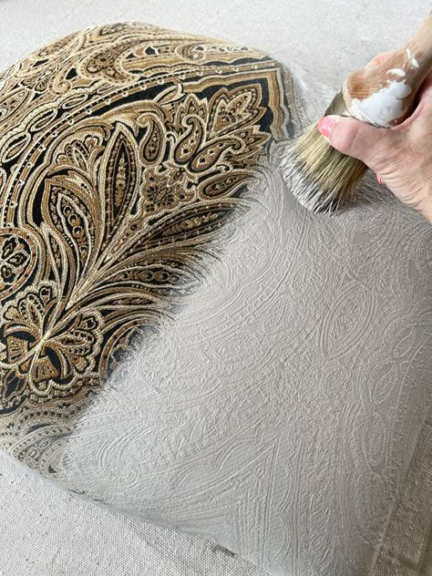 How to Paint Fabric using Chalk Paint How To Paint Fabric With Chalk Paint, Fabric Paint For Upholstery, Painting Apolstry Fabrics, Painting A Couch Fabric, Painting Chair Fabric Upholstery, Fabric Paint Furniture Upholstery, Can You Paint Fabric, Painting Fabric Furniture Diy, Furniture Fabric Paint