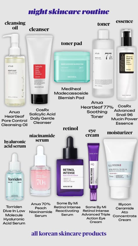 PM Skincare Routine #skincare #beauty #koreanskincare #koreanbeauty #nightroutine #selfcare #skincareproducts Korean Night Skincare Routine, Pm Skincare Routine Order, Korea Skincare Routine, Korean Skincare Routine Products, Pm Skincare Routine, Pm Skincare, Korean Skin Care Secrets, Haut Routine, Skin Care Routine Order