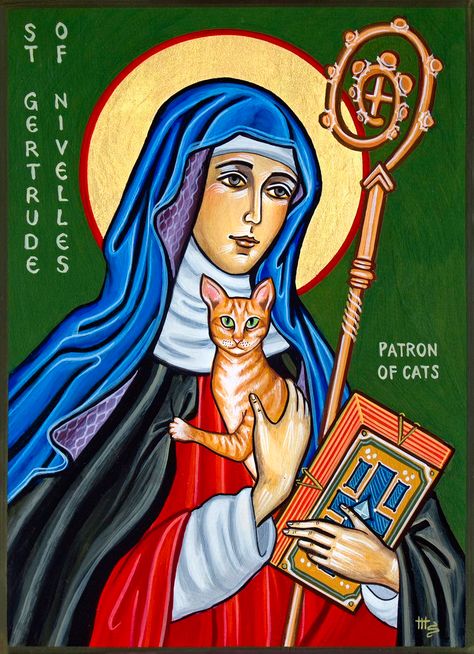 Saint Gertrude of Nivelles: Patron Saint Of Cats – CatGenie Gertrude Of Nivelles, Patron Saint Of Cats, St Gertrude, Gato Angel, Byzantine Icons, Greek Orthodox, Cat Person, Orthodox Icons, Patron Saints