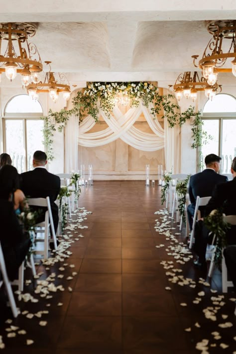 Wedding Ideas Ceremony Indoor, Small Indoor Ceremony Decor, Wedding Setup Indoor, Wedding Ceremony Ideas Decoration Indoor, Patio Ceremony Wedding, 50 Person Wedding Ceremony, Wedding Ceremony Set Up Indoor, White Wedding Ceremony Indoor, Ceremony Set Up Indoor