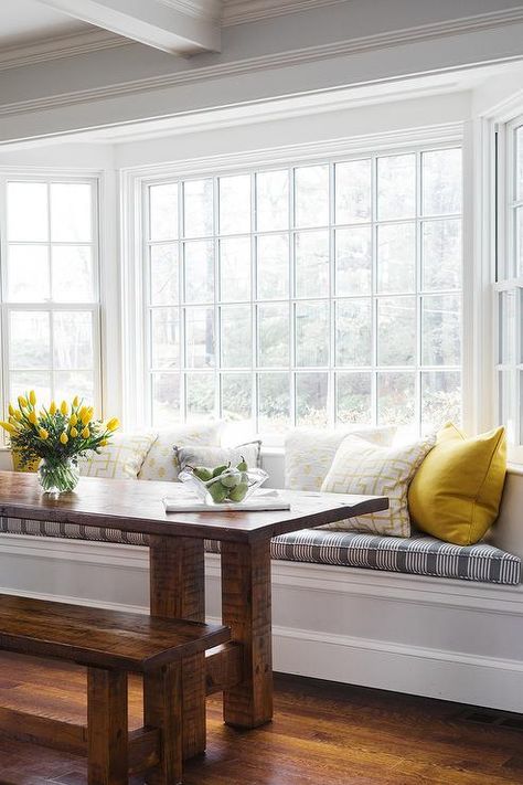 Nook Bay Window, Breakfast Nook Bay Window, White And Gold Pillows, Breakfast Nook Cushions, Bay Window Benches, Dining Bench Cushion, Breakfast Nook Bench, Built In Window Seat, Window Seating