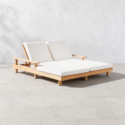 Pinet Modern Teak Outdoor Double Chaise Lounge with Textured White Cushions | CB2 Modern Outdoor Lounge Chair, Double Chaise Lounge, Modern Outdoor Patio, Teak Lounge Chair, Summer Mantle, Pool Chairs, Outdoor Furniture Decor, Double Chaise, Sunbrella Cushions