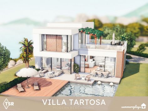 Sims 4 Villa, Sims 4 Beach House, Beach House Layout, Sims 4 Modern House, Lotes The Sims 4, The Sims 4 Lots, Sims 4 House Ideas, Sims Freeplay Houses, Sims 4 Lots