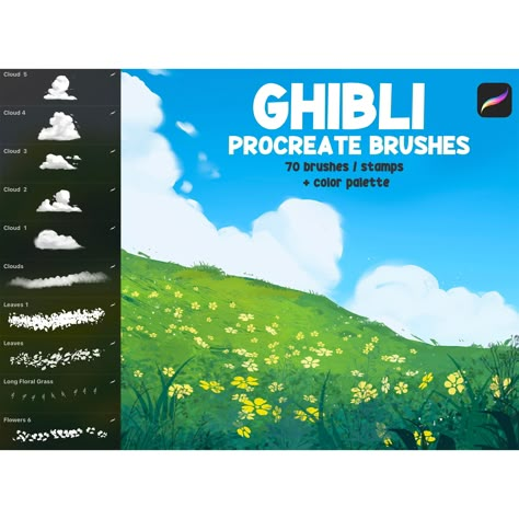 Anime Procreate Brushes, Ghibli, Makoto Shinkai, Grass, Clouds, Nature Brushes, Procreate Landscape, Procreate Brush, procreate stamp Ghibli Procreate, Anime Procreate, Procreate Downloads, Procreate Brushes Download, Environmental Artwork, Brush Procreate, Ghibli Anime, Color Theory Art, Best Procreate Brushes