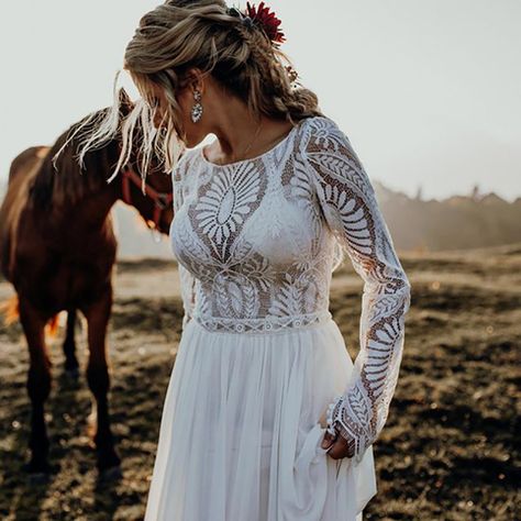 Long Lace Sleeves Bohemian A Line Chiffon Wedding Dress Scoop Neck Buttons Modest Custom Made Plus Size Boho Hippie Bridal Gowns sold by UMKweddingdress on Storenvy A Line Chiffon Wedding Dress, Wedding Dress Scoop Neck, Cowgirl Wedding Dress, Sky Wedding, Country Western Wedding, Long Lace Sleeves, Cowgirl Wedding, Velvet Bench, Western Wedding Dresses