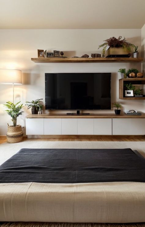 Decorating Around Mounted Tv Wall, Under Tv Mount Ideas, Bedroom Tv Shelf, Shelves On Tv Wall, Tv Shelving Ideas Tv Walls, Tv Long Wall Ideas, Book Shelf Above Tv, Shelf Beside Tv, Tv On Floating Shelf