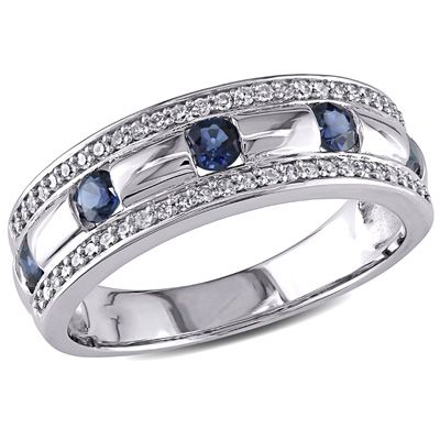 Men's Blue Sapphire and 1/4 CT. T.W. Diamond Triple Row Wedding Band in 10K White Gold - Save on Select Styles - Zales Sapphire Anniversary Band, Mens White Gold Rings, Gold Anniversary Rings, Sapphire Wedding Band, Sapphire Wedding, Diamond Anniversary Rings, Diamond Anniversary, Anniversary Bands, Mens Wedding Rings