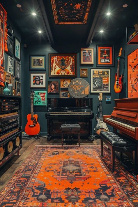 Musical Haven Jam Room Ideas Music Studios, Eclectic Music Room, Music Study Room, Music Memorabilia Display Ideas, Green Music Room, Aesthetic Music Room, Basement Music Studio, Small Music Studio Ideas, Small Music Studio