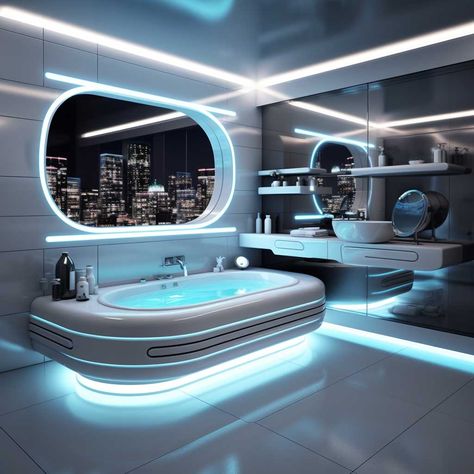 11+ Next-Level Cool Bathroom Designs to Transform Your Space • 333+ Images • [ArtFacade] Futuristic Bathroom Aesthetic, Sci Fi Bathroom, Galaxy Bathroom Ideas, Cool Bathroom, Futuristic Bathroom Design, Futuristic Bathroom, Futuristic Room, Futuristic Bedroom, Futuristic Home