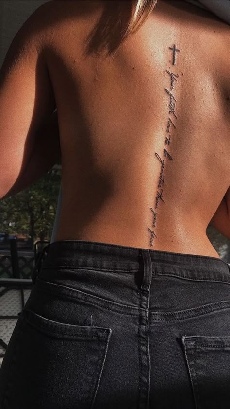 Spine Tattoo Quotes, Girl Spine Tattoos, Back Tattoo Women Spine, Cross Tattoos For Women, Writing Tattoos, Spine Tattoos For Women, Inspiration Tattoos, Dope Tattoos For Women, Classy Tattoos