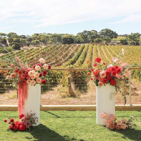 Sweet Nothings // Carolyn on Instagram: "RE👏USE👏ING👏 I love getting a second life out of my wedding flowers! For Nina and Patrick's ceremony, we PREused two reception table arrangements at the base of these lovely @foundcollectiveevents plinths and REused the big plinth arrangements on the ground at the ends of two guest tables. @simonhackettwinery  . #ceremonyflowers #plintharrangements #reusing #reusingflowers #weddingtips #weddingflowertips #colourblocking #modernwedding #autumnwedding #receptionflowers #weddingday #modernweddingflowers #funflowers #adelaideweddingflorist #adelaideweddingflowers #sweetnothings #sweetnothingsflowers" Acrylic Plinth Wedding, Wedding Flower Plinth, Floral Pedestal Wedding Ceremony, Flower Pillars Wedding Altars, Ceremony Plinth Flowers, Wedding Pedestals Ceremony, Flowers On Pedestal Wedding, Plinth Flower Arrangement, Aisle Ideas For Wedding