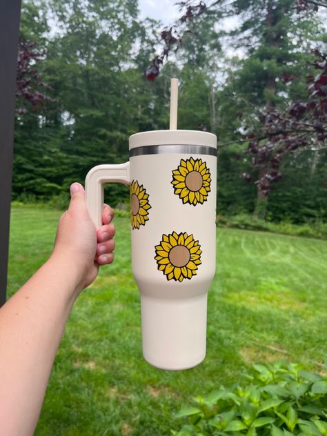 Huge standley dupe 40 oz tumbler perfect for summer with sunflowers all over it! #sunflower #stanley #tumbler #cricutmade #cricut #stanleytumbler #cups #sunset #summer #shopsmall Sunflower Tumbler Cup Ideas, Sunflower Cups Design, Mom Sunflower Tumbler, Personalized Cups Tumblers Sunflower, Sunflower And Butterfly Tumbler Cup, Small Shop, Sunflower, Tumbler