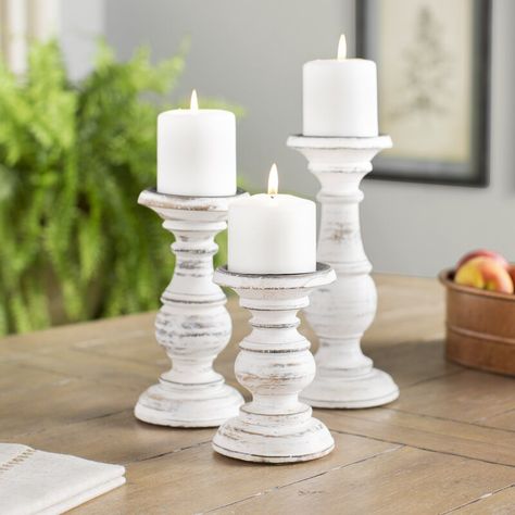 Gracie Oaks 3 Piece Wood Tabletop Candlestick Set & Reviews | Wayfair Farmhouse Candle Holders The Home Depot, Candle Sticks Farmhouse, Wooden Candle Holders On Mantle, Wooden Church Candle Holders, Farmhouse Candle Sticks, Wooden Candlestick Holders, Candle Modern, White Candle Holders, Wooden Candle Sticks