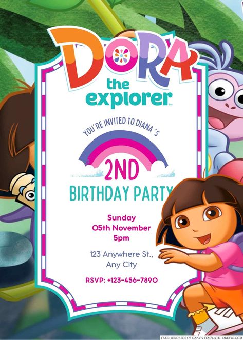 Free Editable Dora the Explorer Birthday Invitation | Download Hundreds FREE PRINTABLE Birthday Invitation Templates Media Dora The Explorer Birthday Party, Birthday Invitations Templates, Dora Birthday Party, Explorer Birthday Party, Dora Party, Dora Birthday, Baby First Birthday Themes, Baby Shark Party, Mexican Birthday