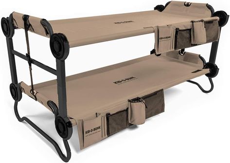 Disc-O-Bed Youth Kid-O-Bunk 2 Person Bench Bunked Double Camping Bunk Bed Cot with 2 Side Organizers, Tan Double Toddler Bed, Camping Bunk Beds, Cot With Storage, Toddler Bed With Storage, Camping Cot Bed, Bed Cot, Sitting Bench, Bottom Bunk, Storage Organizers