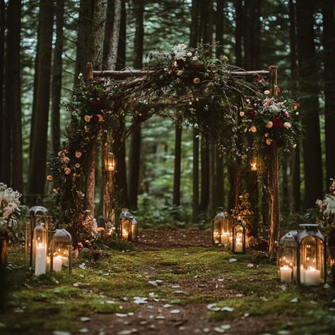 Moody Forest Wedding Ideas: A Dreamy Guide + Tips for Your Big Day - Yeah Weddings Fall Gothic Wedding Ideas, Midsommer Theme Wedding, Moody Wedding Venue Decor, Moody Earthy Wedding, Fall Twilight Wedding, Oak Tree Wedding Decorations, Fairytale Forest Wedding Theme, Mossy Forest Wedding, Moody Fantasy Wedding