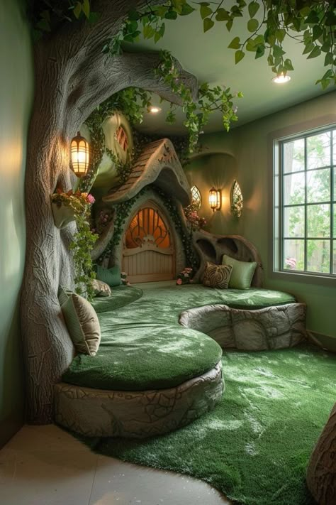 29 Basement Playroom Ideas for a Stylish and Fun Area 7 Forest Themed Library, Hobbit Room Ideas, Enchanted Forest Room Ideas, Fairy Playroom, Playhouse Themes, Nature Playroom, Forest Playroom, Forest Hideaway, Enchanted Forest Room