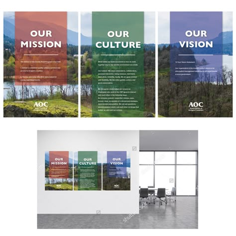 Design the look and layout for our program's mission, vision and culture statements. | Other design contest | 99designs Vision And Mission Design Layout, Mission Statement Design, Core Values Poster, Marketing Notes, Values Poster, Interior Wayfinding, Mission Vision Values, Health Social Media, Vision And Mission Statement