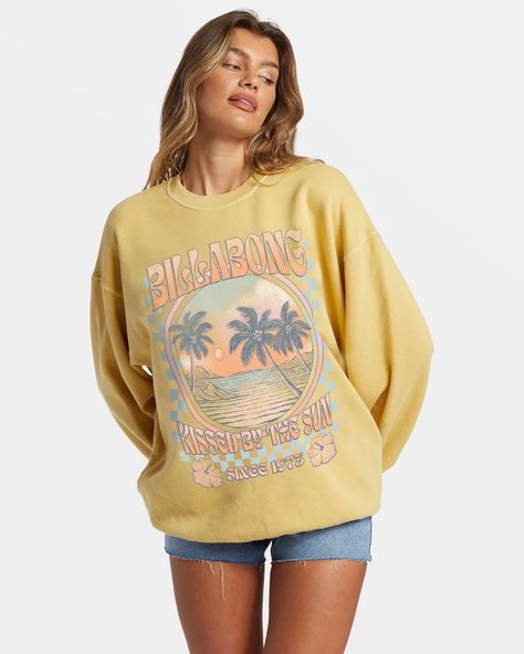 Ride In Oversized Crewneck Sweatshirt - Mellow Daze – Billabong Wave Sweater, Getaway Dress, Billabong Girls, Crewneck Sweatshirt Women, Oversized Crewneck, Yellow Sweatshirt, Billabong Women, Short Dresses Casual, Making Waves