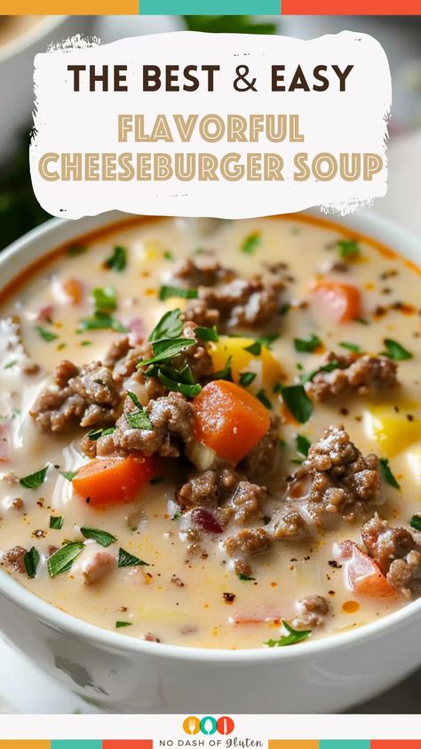 This Flavorful Cheeseburger Soup is the ultimate comfort food! Rich, creamy, and loaded with ground beef, cheddar cheese, potatoes, and veggies, it’s everything you love about a cheeseburger but in a cozy bowl of soup. Ready in just under an hour and perfect for busy weeknights. Give it a try and bring some warmth to your table tonight! Cheeseburger Soup Pickles, Creamy Potato Cheeseburger Soup, Dill Pickle Cheeseburger Soup, The Cozy Cook Recipes Soup, Extra Creamy Cheeseburger Soup, Soup Recipes Cheeseburger, Gluten Free Cheeseburger Soup, Jalapeño Cheeseburger Soup, Loaded Hamburger Soup