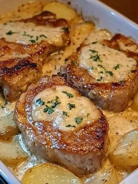 Grandma's old Recipes | Every time I make this dish, guests ask for the recipe | Facebook Baked Pork Chops With Potatoes, Creamy Garlic Pork Chops, Pork Chops With Potatoes, Cheesy Potato Bake, Garlic Pork Chops, Parmesan Pork Chops, Tomato Tortellini Soup, Homemade Meatloaf, Seared Pork Chops