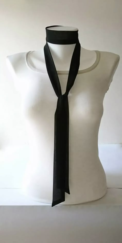 Tie Outfits For Women, Neck Tie Outfit, Outfit With Tie, Scarf Neck Tie, Black Tie Outfits, Narrow Scarf, Tie Choker, Tie Outfit, Chiffon Bow