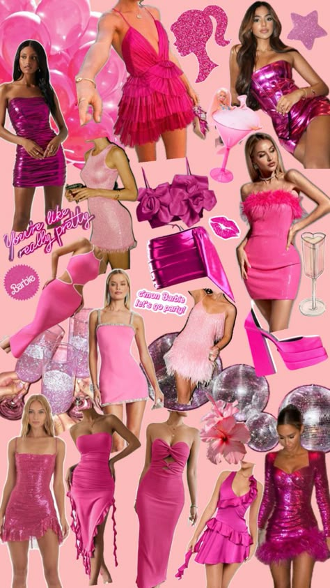 Party Outfit Themes, Disco Hens, Pink Disco Party, Bach Party Outfit, Bachelorette Outfit Themes, Barbie Bachelorette Party, Outfit Themes, Hen Do Outfits, Barbie Bachelorette