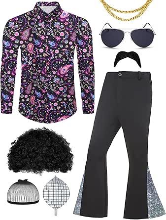 Lydoesy 70s Disco Outfit for Men 70s Costume with Retro Shirt Bell Bottom Pants Wig Sunglasses Necklace Mustache 70s Disco Outfit Men, 70s Party Outfit Men, 70s Disco Party Outfit Men, Halloween Costumes Pants, Disco Party Outfit Men, Retro Disco Outfit, Disco Outfit Men, 70s Disco Party Outfit, Disco Men